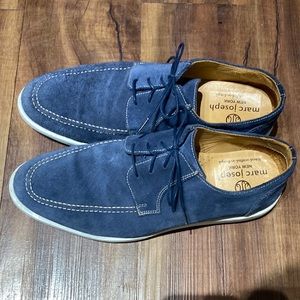Marc Joseph blue suede shoes with white toe cap stitching and white sole, size 8